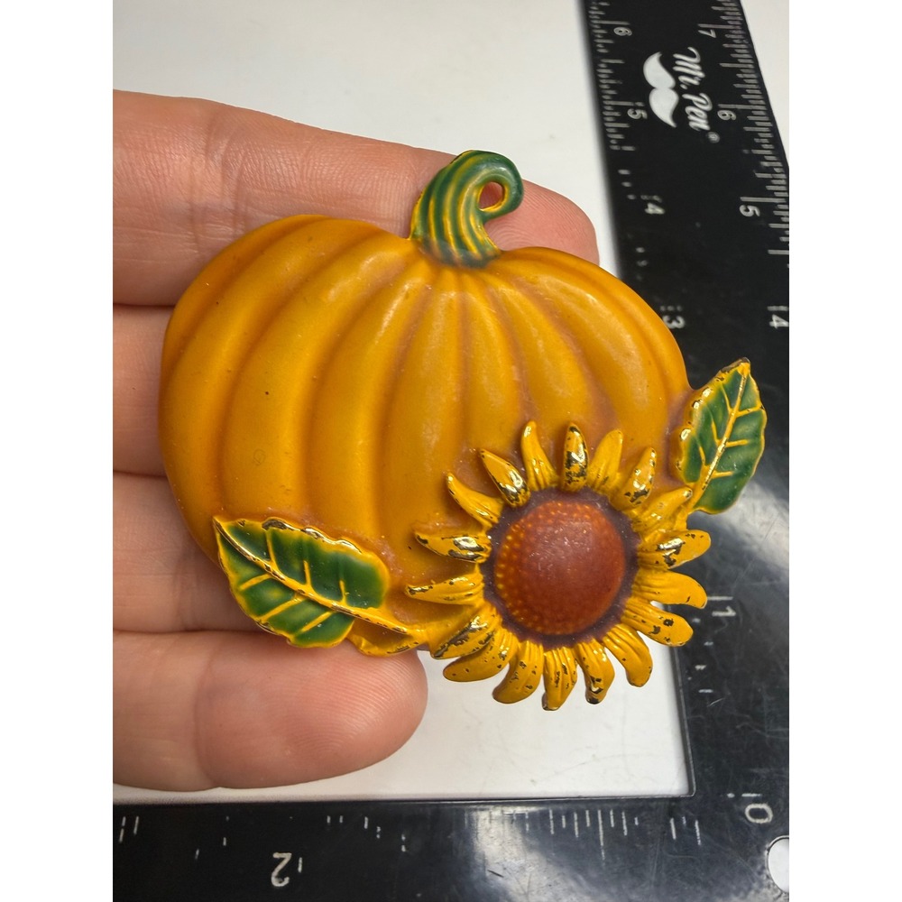 Orange Enamel Pumpkin Sunflower Brooch Gold Tone Fall Thanksgiving Pin
